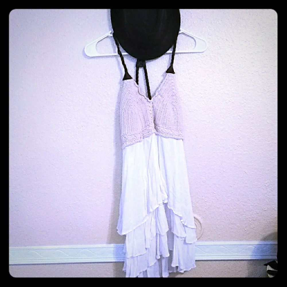 Crochet detail leather strap flowy dress